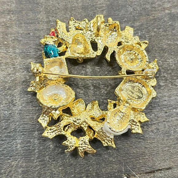 Christopher Radko Signed Christmas Wreath Pin Brooch / Pendant Gold Toned - Picture 4 of 10
